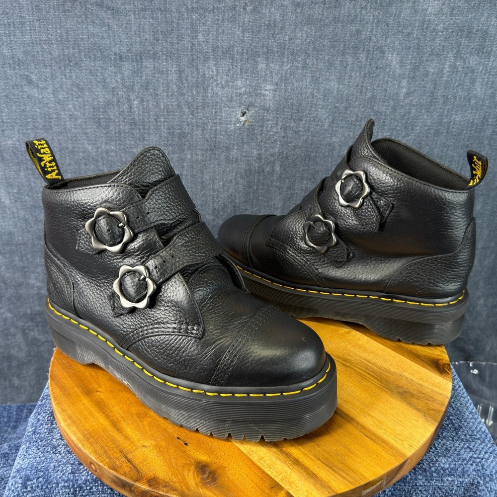 Dr. Martens Devon Flower Boot Womens 10 Black Milled Nappa Platform Buckle